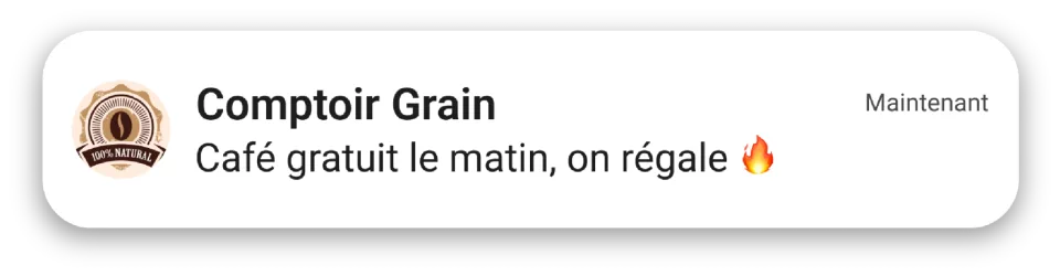 Notification Comptoir Grain annonçant un café offert