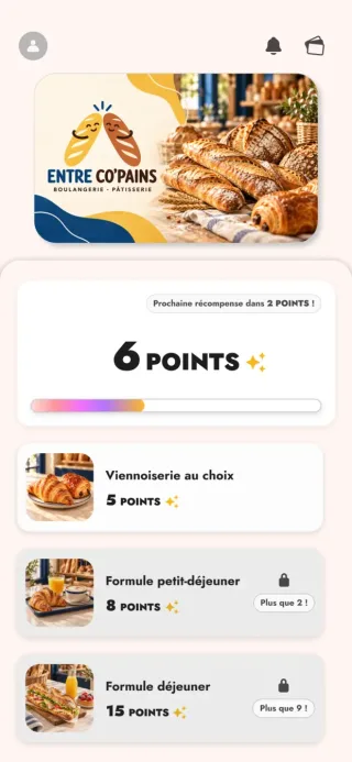 Webapp mobile Entre Co’Pains avec 6 points et les récompenses associées